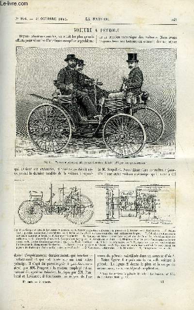 La nature n 960 - Voiture a ptrole par Gaston Tissandier, Les expriences de Lauffen-Francfort par E. Hospitalier, Les courses et les chevaux de course par P. Mgnin, Le platrage des vins par M. Vuillaume, Chemin de fer monorail, transport des bois