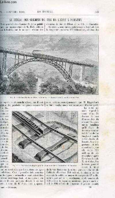 La nature n 975 - Le rseau des chemins de fer de l'tat de Sumatra avec gravures dans le texte. Du bouchage des vins mousseux avec gravures dans le texte. Le tremblement de terre du Japon du 28 octobre 1891. le langage des singes par A. Bordier