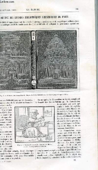 La nature n 976 - L'origine des grandes bibliothques scientifiques de PAris avec gravures dans le texte (reliure d'un exemplaire de Vitruve de 1511. Traction mcanique des tramways par moteur  ammoniaque , systme Mc-Mahon avec gravures dans le texte.