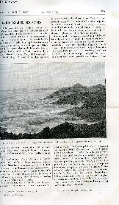 La nature n 978 - La photographie des nuages . La France sismique par De Ballore avec carte de la France sismique dans el texte. Chauffage des voitures. L'installation lectrique de A. Menier avec gravure de son usine dans le texte. Les torpilles