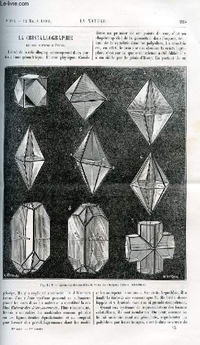 La nature n 980 - La cristallographie et ses moyens d'tude avec gravures dans le texte de spcimens de modles de verre par Dietpich. Du sifflet chez les peuples primitifs;  suivre avec gravures dans elt exte dont femme des Iles Canaries. L'obus