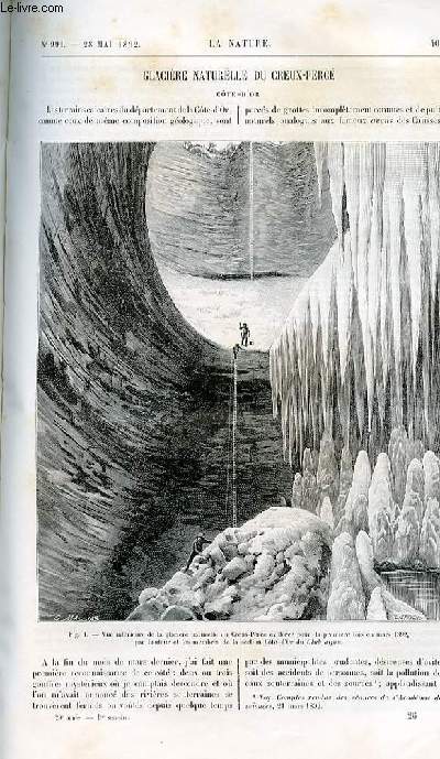 La nature n 991 - Glacire naturelle du Creux Perc (Cte d'Or) avec gravure dans le texte d'une vue intrieure du glacier et plan dans le texte. La grippe par A. Cartaz avec deux gravures de microbes dans le texte. Appareil enregistreur de la vitesse