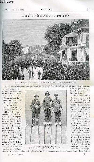 La nature n 993 - Course d'chassiers  Bordeaux illustr de deux gravures: dpart de l'avenue Carnot  Bordeaux le 27 mai 1892 et trois chassiers d'aprs des photos de Panajou, article de Gaston Corni. Le tannage  l'lectricit avec gravure