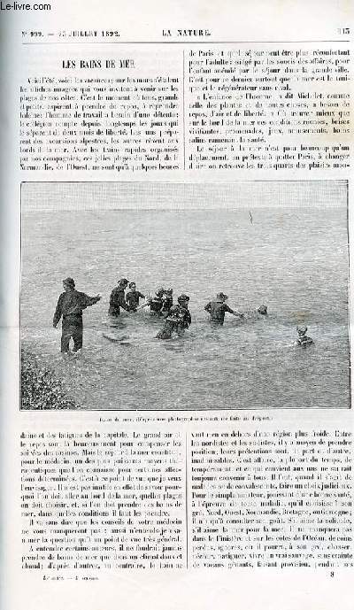 La nature n 999 - Les bains de mer avec une gravure dans le texte au Trport. Dynamomtre enregistreur du capitaine Leneveu avec gravure de la machine dans le textE. L