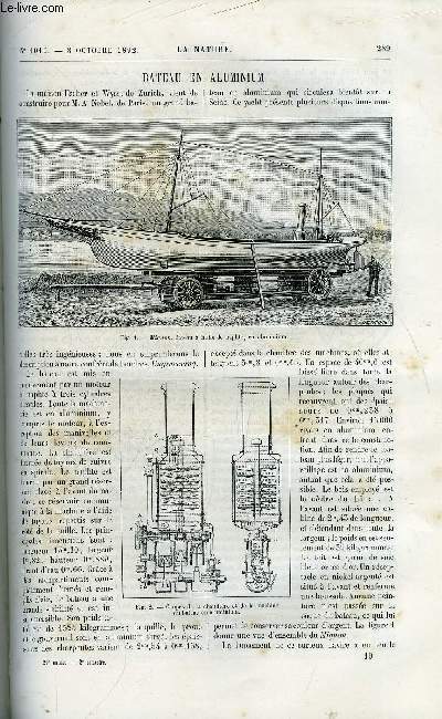 La nature n 1010 - Bateau en aluminium, Un asile pour les chiens, Le serpent corba par Dr. Ern. Martin, Exprience de capillarit par C. Ed. Guillaume, L'analyse des mtaux, Les tonneaux de papier, Le mirage photographique par Gaston Tissandier, Station