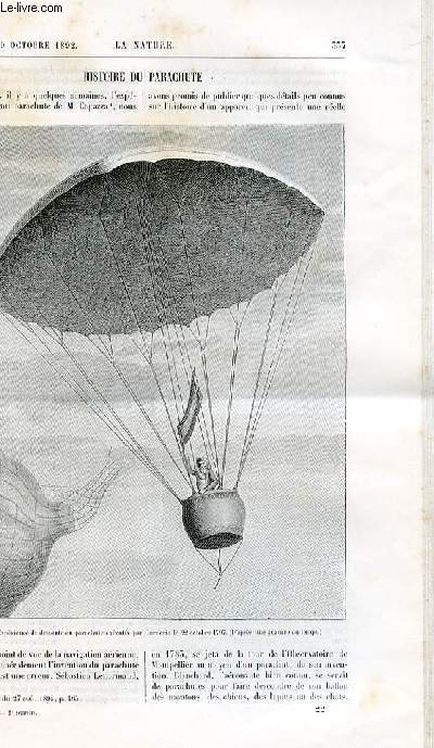 La nature n 1013 - Histoire du parachute par Tissandier,  suivre, illustr de gravures dans le texte. Le glacier de Muir aux Etats Unis (Alaska) avec gravures dans le texte. La mnagerie Bidel avec deux gravures sur une page hors texte de Sultan