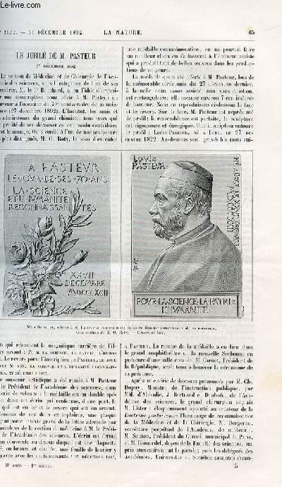 La nature n 1022 - Le jubil de Pasteur - 27 dcembre 1892 avec gravures dans le texte (mdaille en or offerte  Pasteur revers et face). Les cagots et la lpre en France avec gravures dans le texte (main de cagot et bnitier des Cagots  l'glise