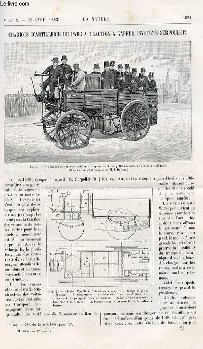 La nature n 1038 - Chariots d'artillerie de parc  traction  vapeur (systme Serpollet) avec gravure dans le texte de l'exprience du chariot d'artillerie et coupe et plan dans le texte. le tlaugraphe avec gravures dans le texte. Un asile