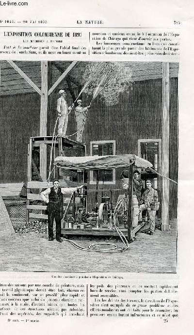 La nature n 1042 - L'exposition colombienne de 1893 - les machines  peindre avec gravure dans le texte d'une machine. Le Kilimandjaro dans l'est africain avec gravures dans le texte. Photographie des couleurs par Mareschal. Le yard. Le palais d'hiver