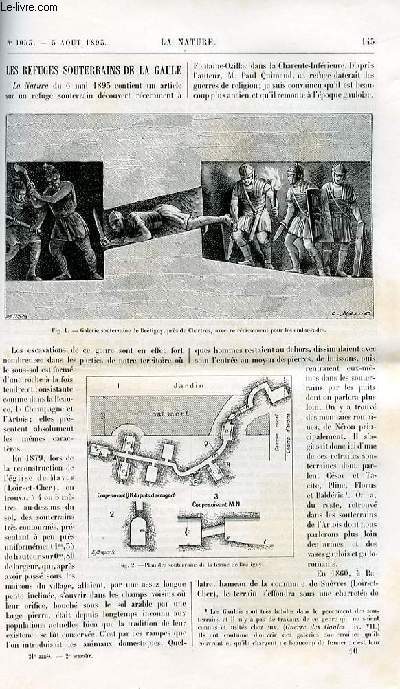 La nature n 1053 - Les refuges souterrains de la Gaule (A. de Rochas) - le tremblement de terre de Thbes, un nouveau rfractomtre - une lamproie singulire (G. Roch) - l'isatis ou renard bleu - le jeu du reversi - les roches  figure animes