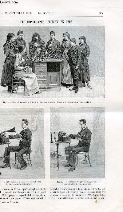 La nature n 1060 - Le phonographe d'Edison en 1893 (E. Hospitalier) - la thermognse chez les animaux hibernants ('A. Mngaux) - les gupes et les raisins - l'enfant au Japon (D. Bellet) - acidimtrie des mots de raisin et des vins frais