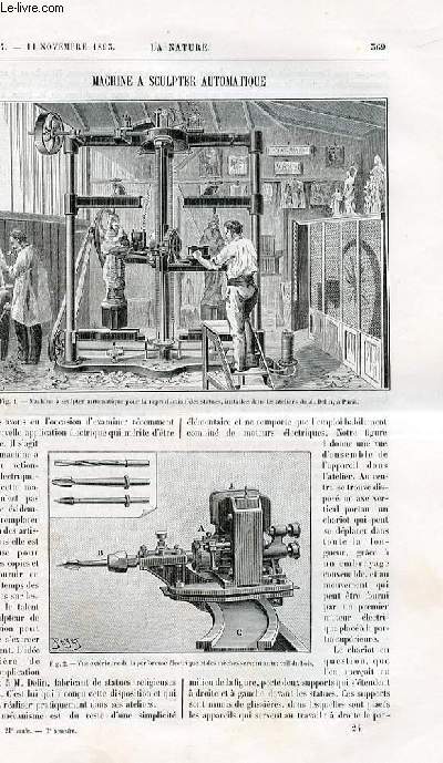 La nature n 1067 - Machine  sculpter automatique avec gravures dans le texte (machine  sculpter automatique pour reproduction de statues,vue extrieure de la perforeuse lectrique). la photochronographie dans les sciences mdicales - le nouveau