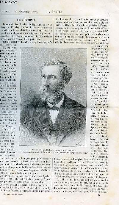 La nature n 1072 - John Tyndall avec portrait dans le texte. Un traineau sudois - le sparksttting avec gravure dans el texte du mode d'emploi et schma du traineau du Norrland en Sude. La chaussure du soldat avec gravures dans le texte de types