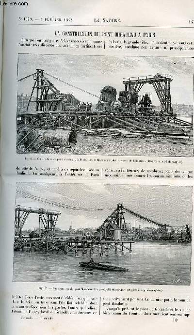 La nature n 1079 - La construction du pont mirabeau  Paris avec gravures dans le texte. Les hommes volants - les expriences de O. Lilienthal avec gravures dans le texte de l'homme volant. Coefficients de pluviosit des diffrents vents au sommet du Puy