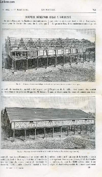 La nature n 1085 - Nouveau rservoir d'eau  Bordeaux illustr de gravures dans le texte (vue de l'ossature mtallique du nouveau rservoir et vue de l'ouvrage termin), article par Corni, A propos de l'aromtre Baume par Ed. Guillaume, L'ouvirandra