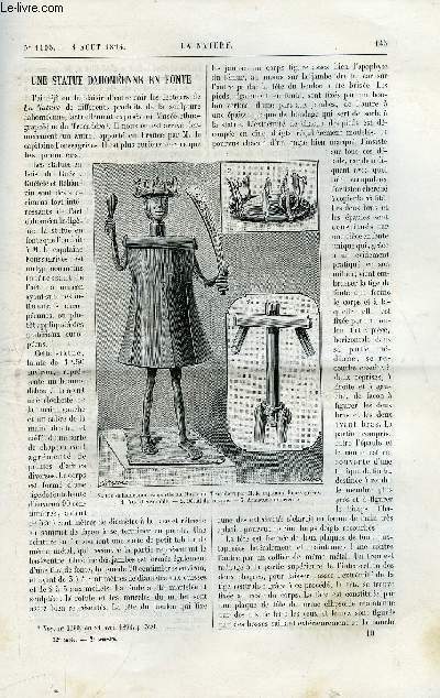 La nature n 1105 - Une statue dahomnenne en fonte avec gravure dans le texte de la statue par le capitaine Fonssagrives. Le silure (silurus glanis) illustr d'une gravure dans le texte par A. L. Clment. L'absinthe (histoire-fabrication-traitement)