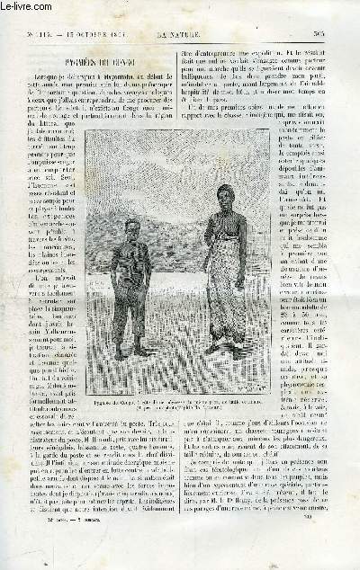 La nature n 1115 - Pygmes du Congo. Les poiriers de France et les poiriers de Californie illustr de gravures dans le texte. L'intensit de la pesanteur et les mesures du commandant Defforges avec gravure dans le texte de l'appareil destin  la mesure