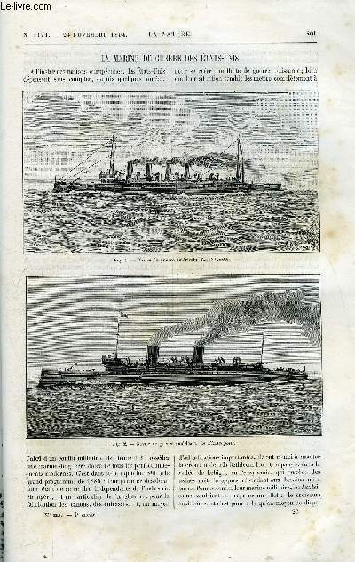 La nature n 1121 - La marine de guerre des Etats Unis avec deux gravures dans le texte de navires : le Minneapolis et la Columbia. L'clairage lectrique - les globes pour foyers lumineux avec gravures dans le texte. L'outillage du pcheur  a ligne