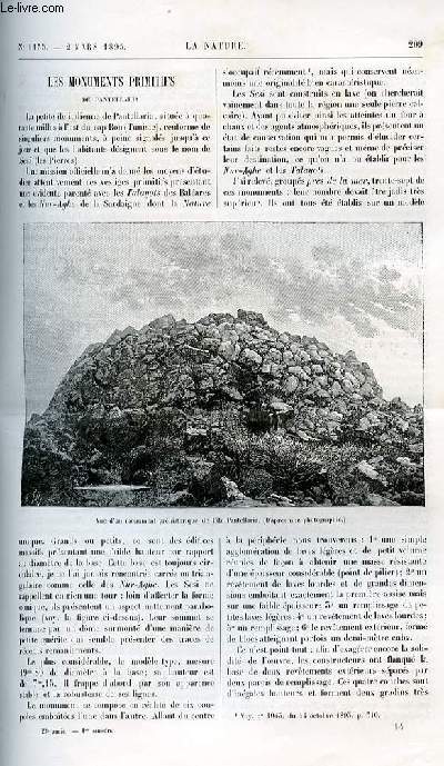 La nature n 1135 - Les monuments primitifs de Pantelleria par G. Vayssi. La photographie pratique - nouvel obturateur photographique avec gravure dans le texte de Krauss. La dure des clairs. Les tramways lectriques en France - le rseau de Lyon