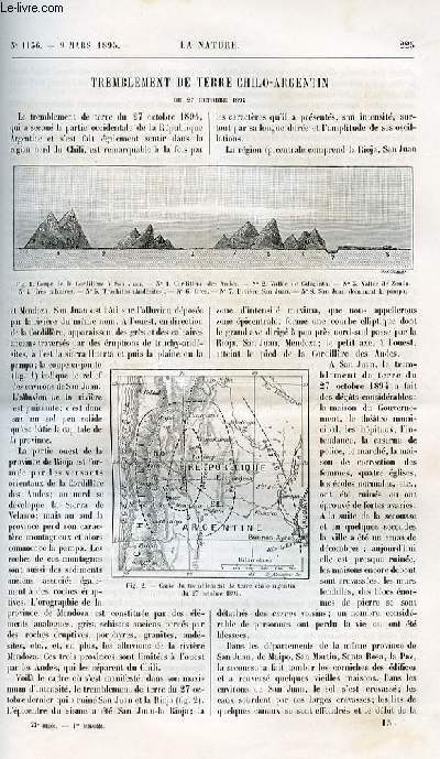 La nature n 1136 - Tremblement de terre chilo-argentin du 27 octobre 1894 par Nogus. Le duographe avec gravure de l'appareil dans le texte. Les bijoux gyptiens du Louvre illustr de gravures dans le texte dont l'pervier a tte de blier. Voyage