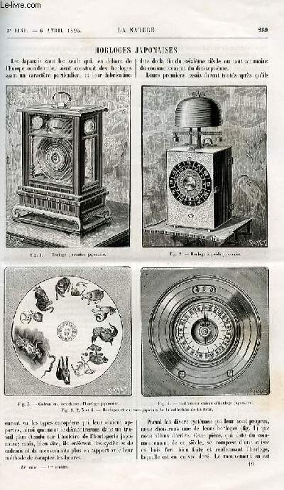 La nature n 1140 - Horloges japonaises avec gravures dans le texte d'horloges japonaises et cadrans). La trempe de l'acier. Les mines et la guerre de sige avec gravures dnas le texte. Photographies lunaires rcemment obtenues  l'observatoire de Paris