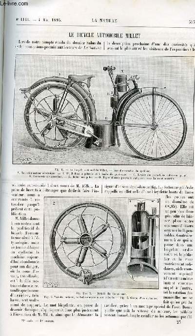 La nature n 1144 - Le bicycle automobile Millet avec gravure dans le texte du bicycle et dtails du mcanisme. l'origine du ver  soie. dragages profonds  l'aide d'embarcations de faible tonnage. Le bois de paoline dans l'Ardche avec deux gravures