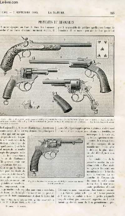 La nature n 1162 - Pistolets et rvolvers (A. Landrin) - influence de la Vlocipdie sur la carrosserie (L. Baudry de Saunier) - la production du gaz oxhydrique (F. Buono) - industrie de la soie tussah - fonctionnement des machines  vapeur - exprience