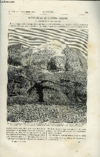 La nature n 1170 - L'avalanche de l'Altels (Suisse) - catastrophe du 11 septembre 1895. Invasion de mildiou sur les treilles . Dragages profonds excuts  bord du Caudan dans le golfe de Gascogne. Le canal de baltique  la mer du Nord illustr