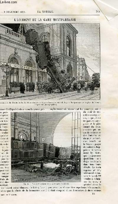 La nature n 1171 - L'accident de la gare Montparnasse avec gravures dans le texte de la locomotive tombant de la guerr eet  l'intrieur de la gare, les convois restant. l'utilisation des chutes du Niagara - installation hydraulique, suite illustr