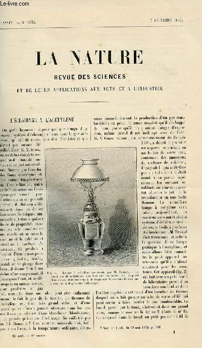 La nature n 1175 - L'clairage a l'actylnepar Gaston Tissandier - L'tendue de la Voix Humaine par Dr Z - Carte Magntique du Globe - Lampe a alcool a incandescence par X - Distribution de L'Energie lectrique - par J . Laffargue - Les Bains Publics So