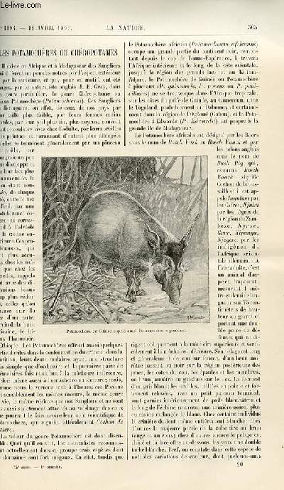 La nature n 1194 - Les Potamochres ou Chropotames par E. Oustalet - Constructions Mixtes par L.B - Pierre Artificielles en Bton - La Collection des Gites Minraux et Mtallifres par L. De Launay - L'rythre et L'abissinie par G. Marcel - Roue