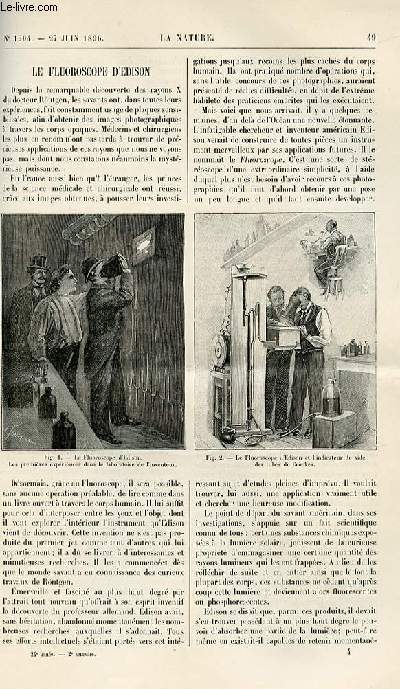 La nature n 1204 - Le fluoroscope d'Edison.Une nouvelle chaine de bicyclette. Ma dernire ascension  Paris par Mils Strindberg. Bijoux antiques : la tiar de Satapharns. Les courses de la Petite Gironde  Bordeaux.