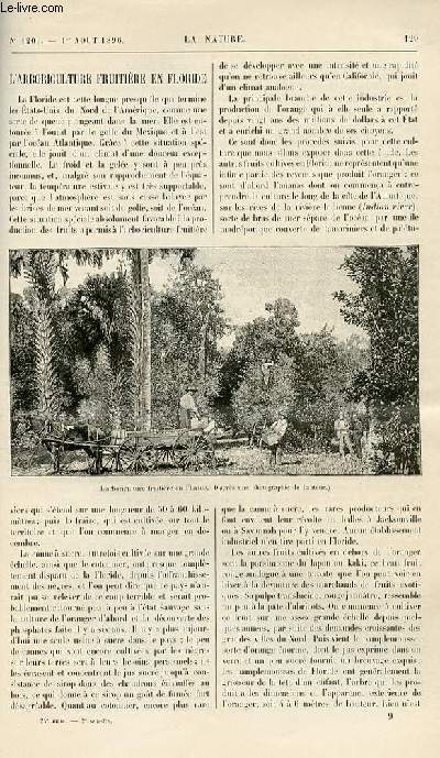 La nature n 1209 - L'arboriculture fruitire en Floride. La temprature du charbon produisant l'air lectrique. Lord Kelvin. Les dompteurs et les dresseurs de btes froces. Locomotives Compound  grande vitesse. Fabrication des fers et aciers Robert