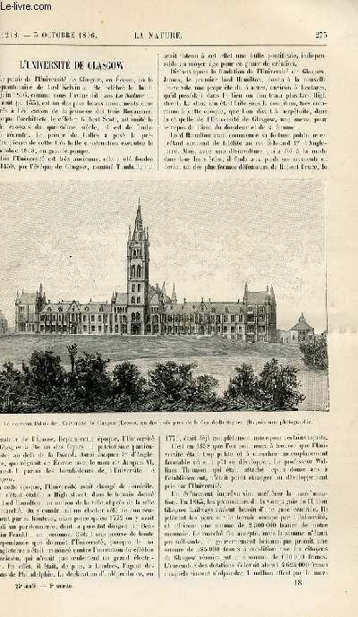 La nature n 1218 - L'universit de Glasgow. Machine  glace par l'acide carbonique. Temprature des tincelles produites par l'uranium. Applications de l'excentrique comme support - le clou universel automatique de J. Boyer. Procds pour prendre