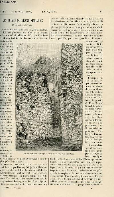 La nature n 1233 - Les ruines du Grand Zimbaby en Afrique Australe. Extraction d'une aiguille par un lectro-aimant, sans intervention chirurgicale. Les statues de neige artificielle. Tynan, l'orang-outan du jardin d'acclimatation. L'hivernage