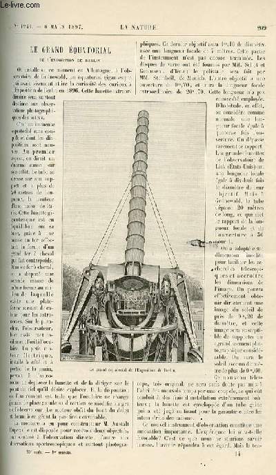 La nature n 1240 - Le grand quatorial de l'exposition de Berlin. Les gros blocs du dilivium. Le beurre de coco. Bouilloires  grilles tubulaires de Pompi. L'appontement public de Pauillac. Proprits nouvelles des rayons X. Compteur  gaz  paiement