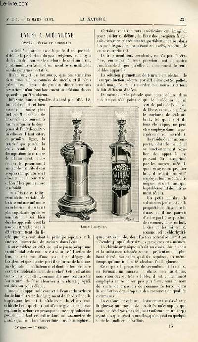 La nature n 1241 - Lampe  actylne - la peste et le Comit consultatif d'hygine de France- prolongement des quais - la pche des poulpes - dans les Alpes - les populations primitives de la Rpublique Argentine - l'ozone aux grandes altitudes