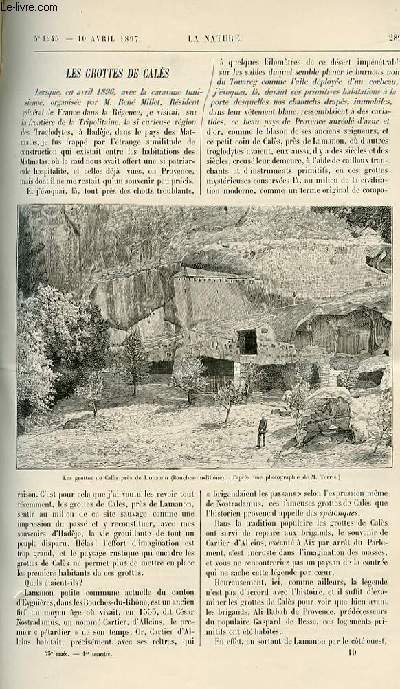 La nature n 1245 - Les grottes de Cals. La doctrine des causes actuelles. Les peuples primitifs de la Rpublique Argentine. La peste dans l'art. La vapeur d'aldhyde formique et la dsinfection des locaux. Ascenseur fixe ou mobile. Les figures animes