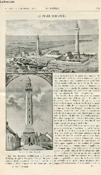 La nature n 1270 - Le phare d'Eckmhl avec gravures dans le texte. La boulangerie centrale de l'assistance publique  Paris avec gravures dans le texte. L'argentarium par Albert de Rochas. Dplacement des chemines d'usine avec gravure dans le texte