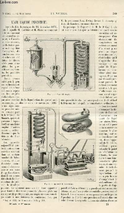 La nature n 1302 - L'art liquide industriel avec gravures dans el texte d'appareils. L'ombre de la terre par Durand Grville. Le carbure de calcium et l'alcool absolu par P. Yvon. Les chnes sculaires avec gravures dans le texte (chataignier  Juranon