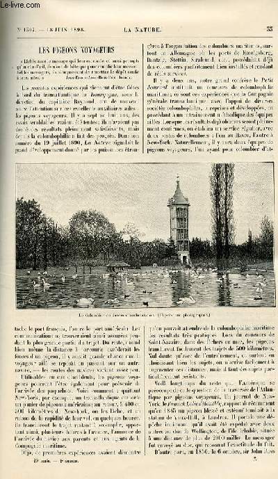 La nature n 1307 - Les pigeons voyageurs par paul Mgnin. La Havane avec cartes dans le texte (plan de Cuba, port de la Havane). Montres solaires cylindriques avec gravures dans le texte (clepsydre de Ctsibius,montre solaire en ivoire et montre solaire