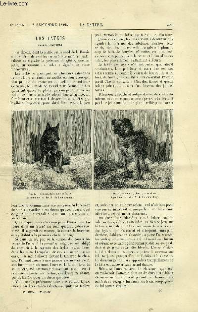 La nature n 1318 - Les chiens aboyeurs les Laykis - soie et flanelle - l'essayage de l'or dans l'tat de Nvada - le corail dans l'ntiquit - transmission des bicyclettes -les aciers au nickel - la Kiva - les serres de la ville de Paris -le roi