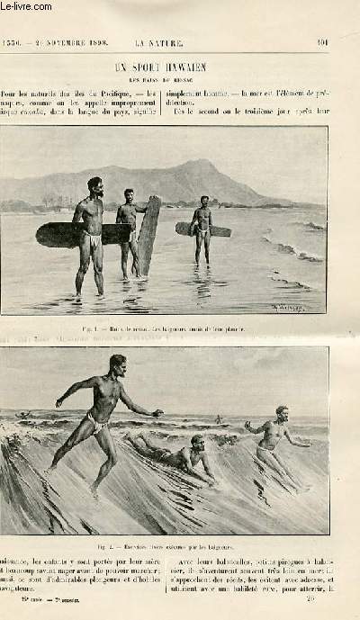 La nature n 1330 - Un sport hawaen - les bains de Resasc avec gravures dans le texte. Dplacement de la galerie de 30 mtres avec gravures dans le texte. Vues nouvelels sur la propagation de la peste par Henri de Parville. Les orchides indignes