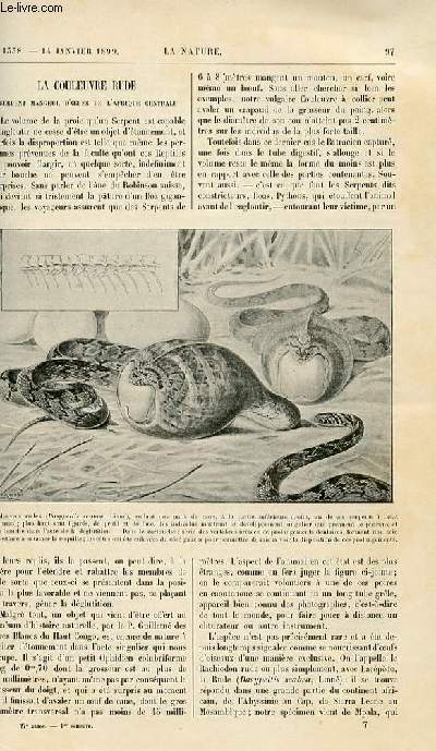 La nature n 1338 - La couleuvre rude - serpent mangeur d'oeufs de l'Afrique centrale avec gravure dans le texte de couleuvres. La suppression des fumes avec grvaures dans le texte. Le montage du pont Alexandre III avec dessins dans le texte