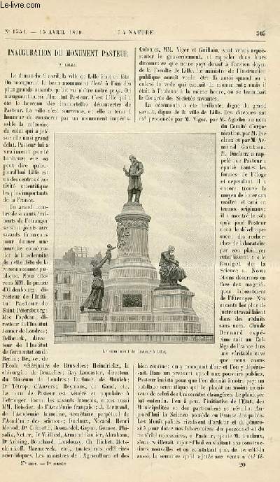 La nature n 1351 - Inauguration du monument Pasteur  Lille avec gravure dans le texte du monument. Les fiacres lectriques  Paris illustr de 4 gravures (prenant 3/4 de deux pages) : vue d'ensemble du fiacre lectromobile dtails de la commande