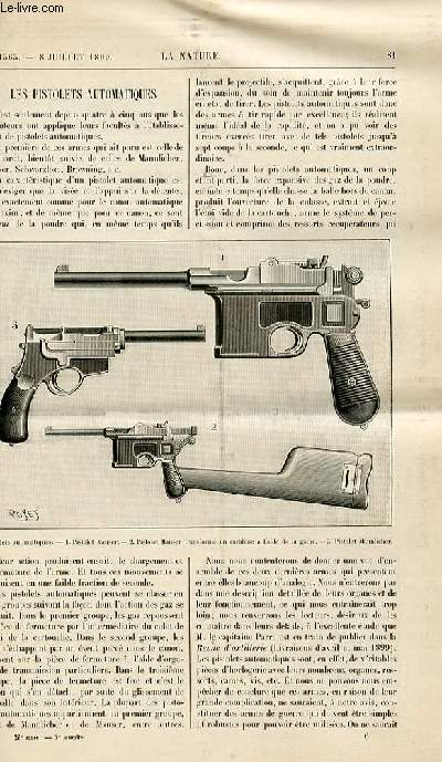 La nature n 1363 - Les pistolets automatiques avec gravures dans le texte de pistolets (Mauser,Mauser transform en carabine,pistolet Mannlicher). Les chemins de fer en 1900 par De Cunha. Les voiturettes  l'exposition de l'Automobile Club avec gravures