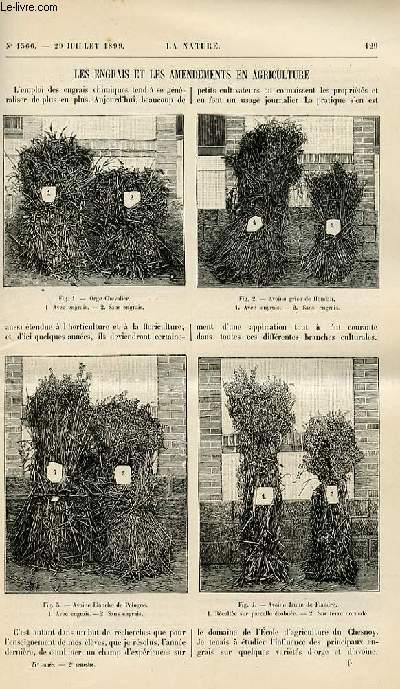 La nature n 1366 - Les engrais et les amendements en agriculture - le systme dcimal pour toutes les mesures en 1785 - une industrie artistique espagnole - la vie sur la plante mars - cltures mtalliques et tlphonie - le personnel des Universits