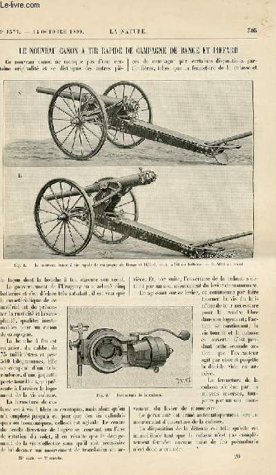 La nature n 1377 - Le nouveau canon  tir rapide de campagne de Bange et Piffard - la royaut des mers - soupape de suret - curiosits pour l'enseignemen des sciences physiques -rchauffeur d'eau d'alimentation par la vapeur - tractions de la langue