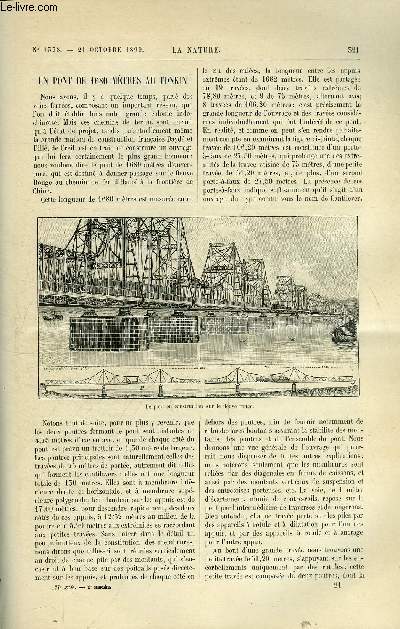 La nature n 1378 - Un pont de 1600 m au Tonkin - la solidification de l'hydrogne - industrie ostricole italienne - une voie de chemin de fer  2 usages - la suppression des bourgeons et boutons du chrysanthme - les animaux paresseux - l'acier