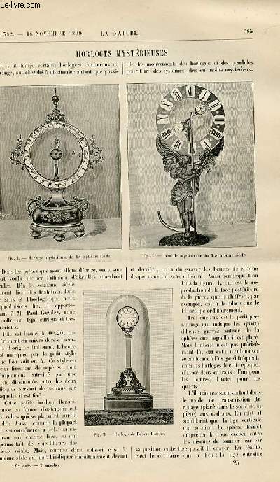 La nature n 1382 - Horloges mystrieuses avec gravures dans le texte de ces horloges. La voiture Stanley illustr de deux gravures dans le texte (vue d'ensemble et dtais intrieurs) d'un schma de la disposition du rgulateur et d'un autre
